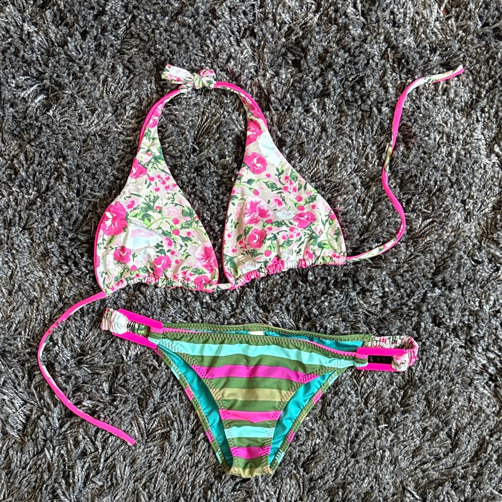 Floral and Striped Bikini Set